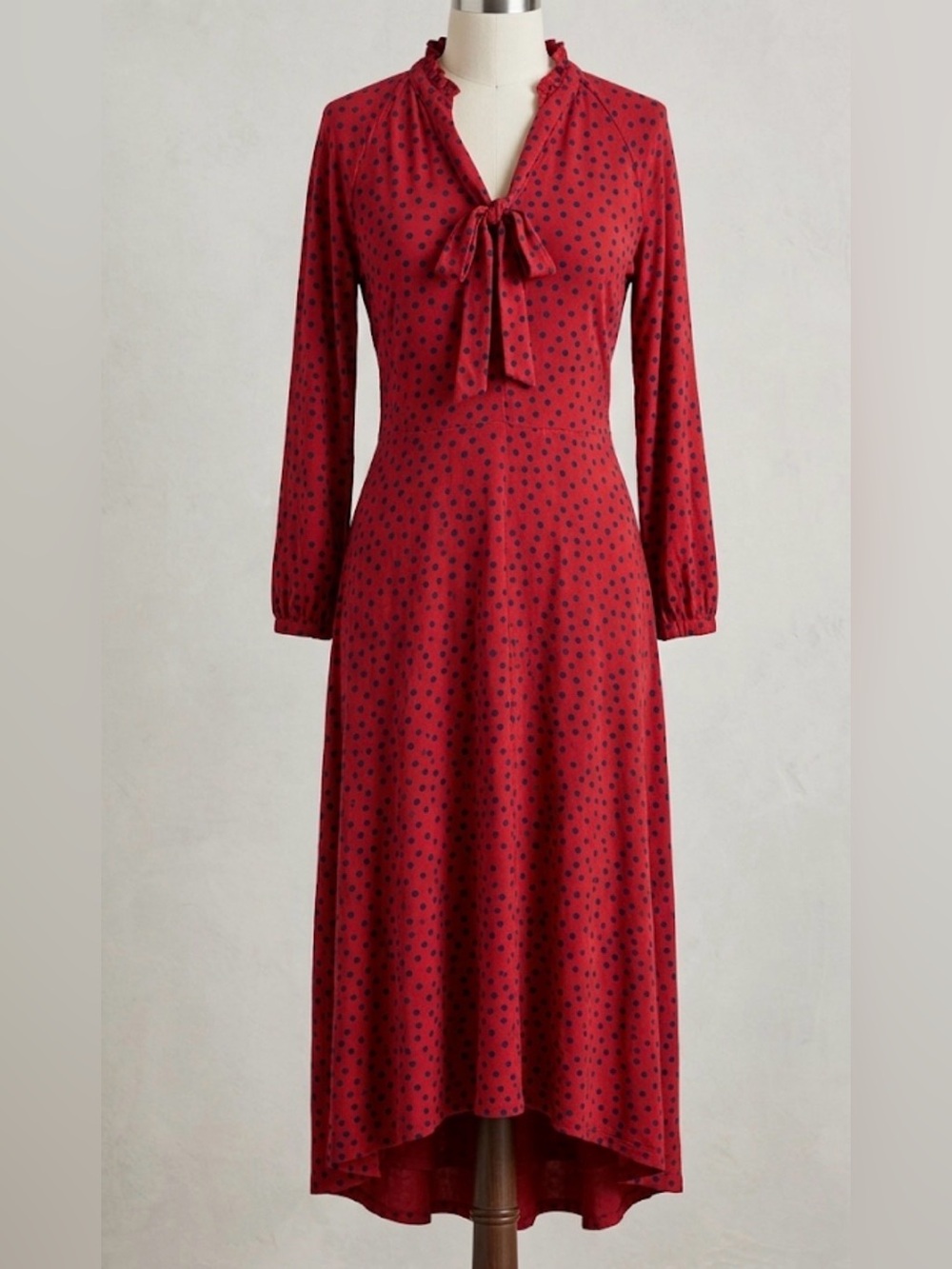 Boden Polka Dot Long Sleeve Maxi Red Dress Size 8 Petite High/Low  Retro/Pinup
